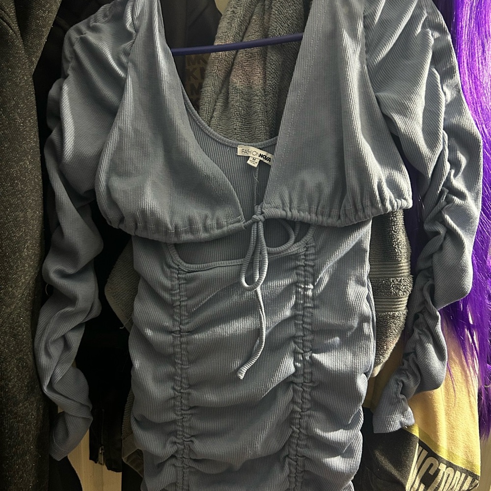 Blue Ruched Long Sleeve Dress